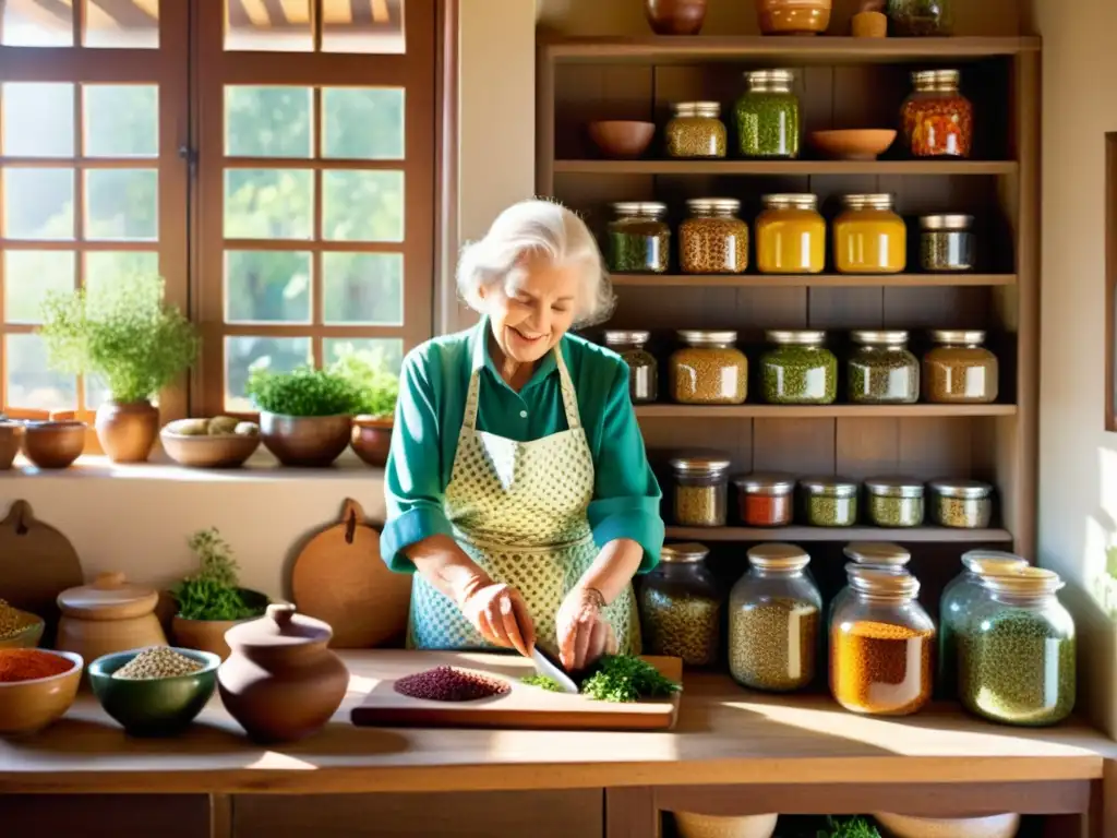 Una anciana prepara comida en una cocina tradicional, rodeada de hierbas y especias