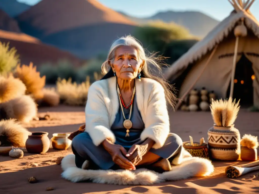 Una anciana curandera de una comunidad indígena tradicional, rodeada de hierbas secas, pieles de animales y herramientas artesanales