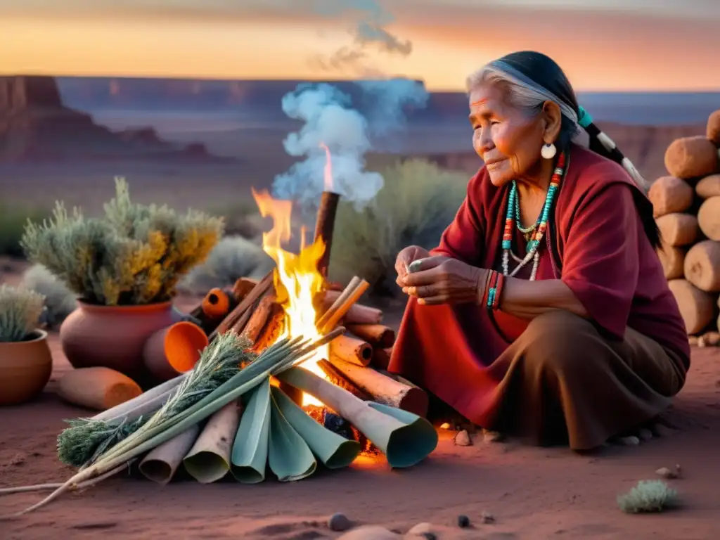 Una anciana curandera navajo sostiene un manojo de salvia frente al fuego, rodeada de hierbas y raíces en tarros coloridos