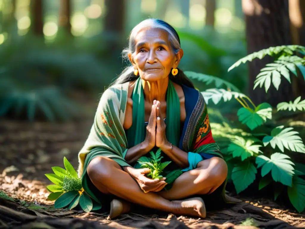 Una anciana curandera prepara sanación holística con hierbas en el bosque, rodeada de gente multicultural