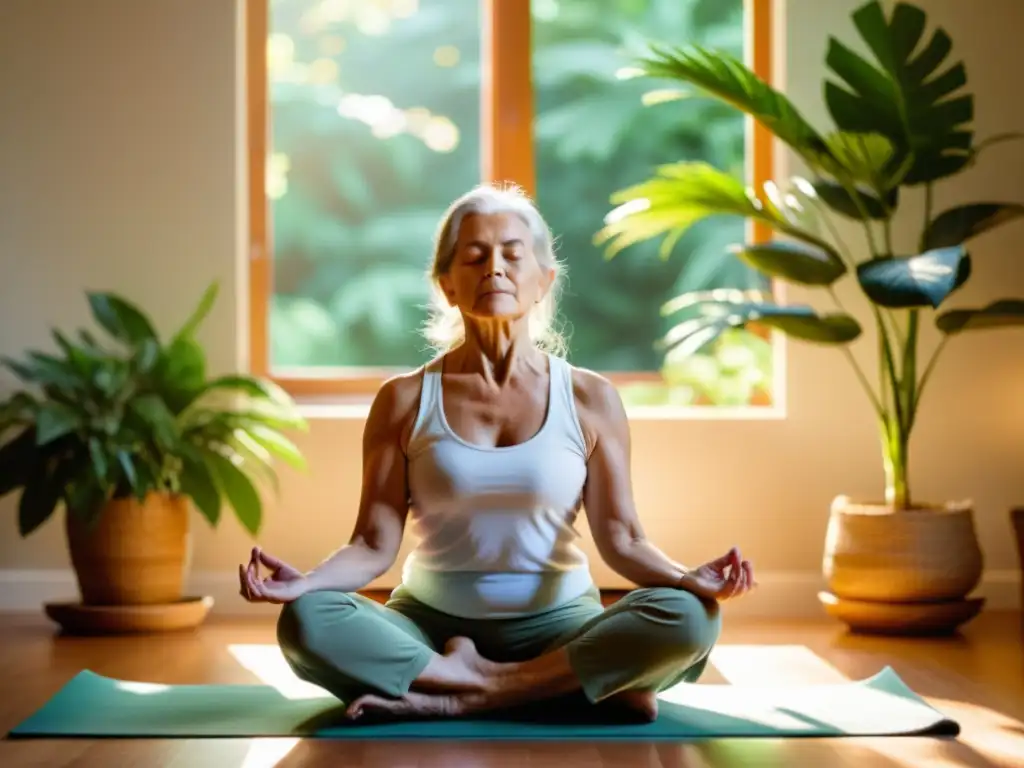 Una anciana practica yoga en una habitación iluminada por el sol, rodeada de plantas y meditando en paz