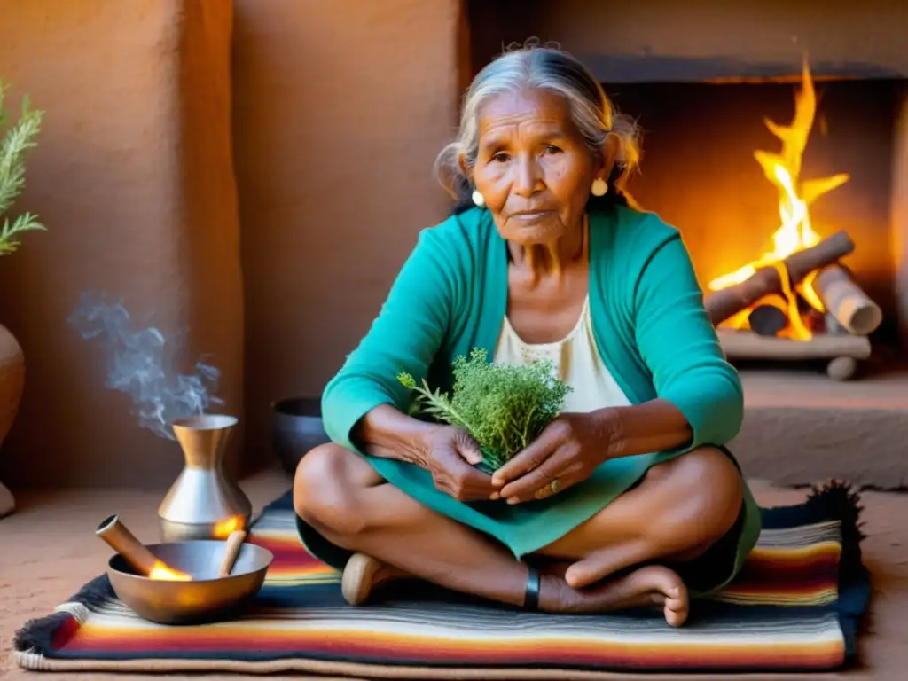 Una anciana indígena elabora una medicina tradicional frente al fuego, preservación de la medicina tradicional