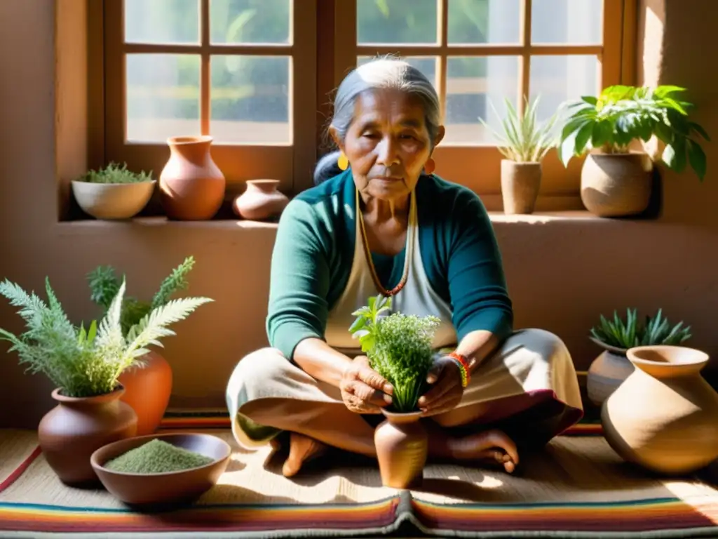 Una anciana indígena elaborando medicina tradicional entre hierbas, con una atmósfera rica y auténtica