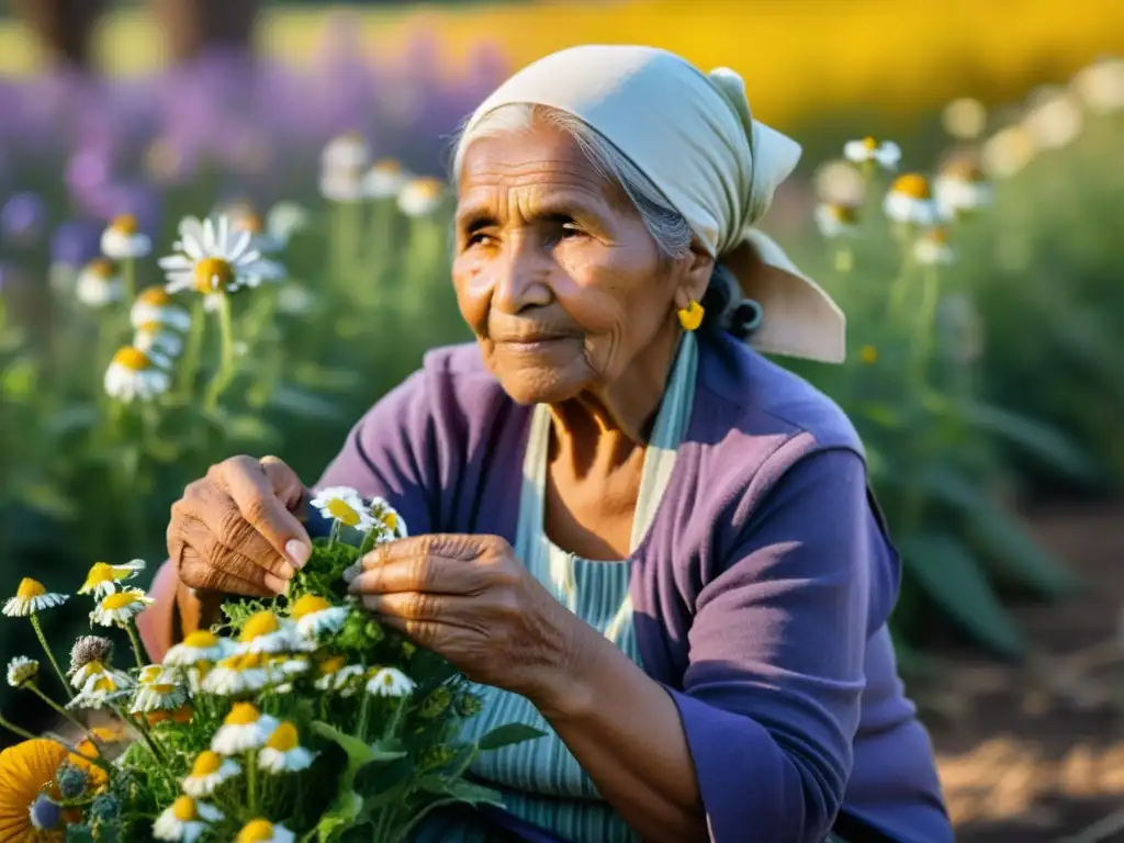 Una anciana indígena cosechando plantas medicinales en un campo soleado, evocando la sabiduría de la medicina nativa en la lucha contra el cáncer