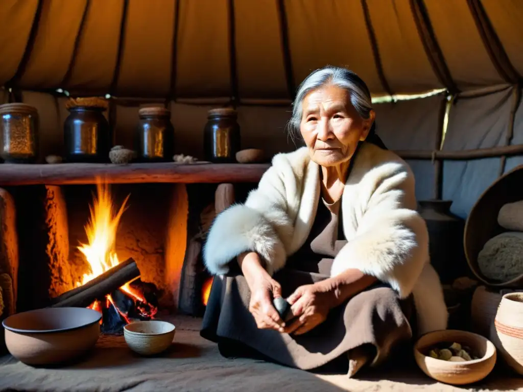 Una anciana indígena de Siberia prepara remedios tradicionales en su yurta iluminada por el fuego, rodeada de hierbas y pieles de animales