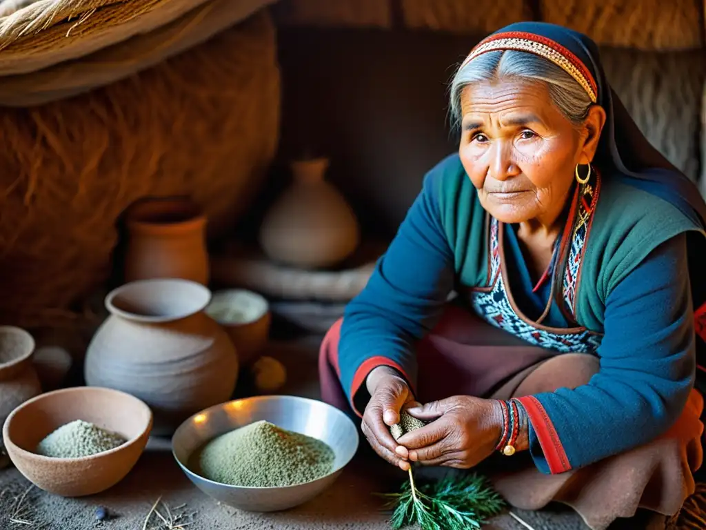 Una anciana sami prepara medicina tradicional en su lavvu, rodeada de hierbas secas