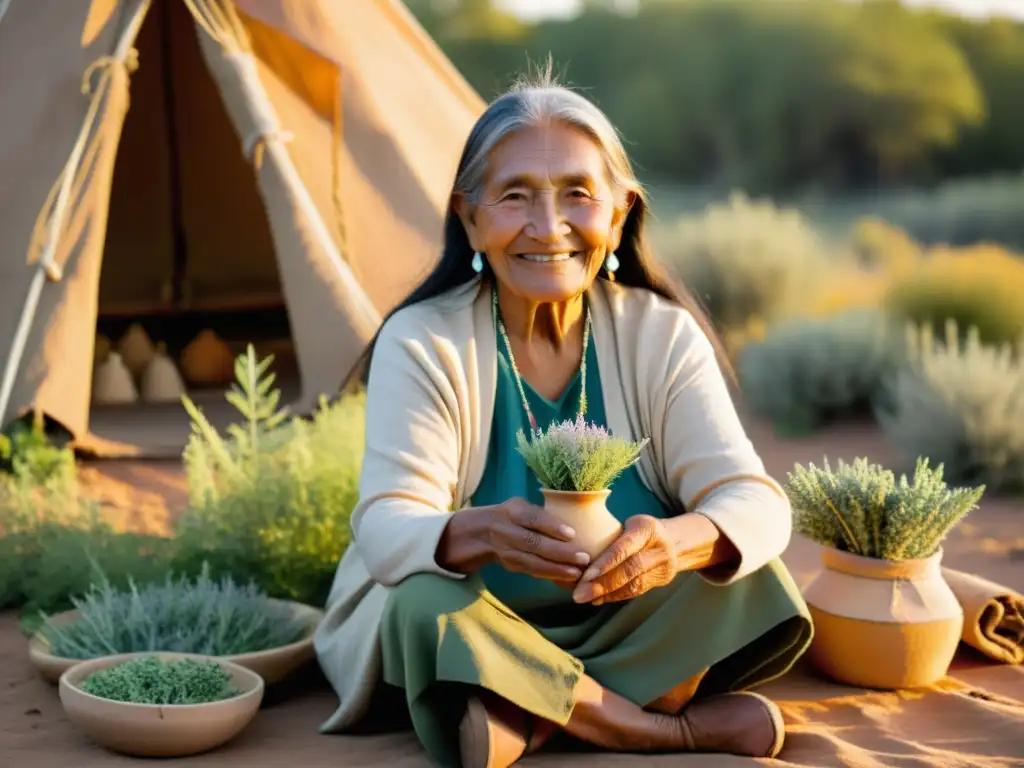 Una anciana nativa americana sonríe junto a su tepee, rodeada de hierbas medicinales