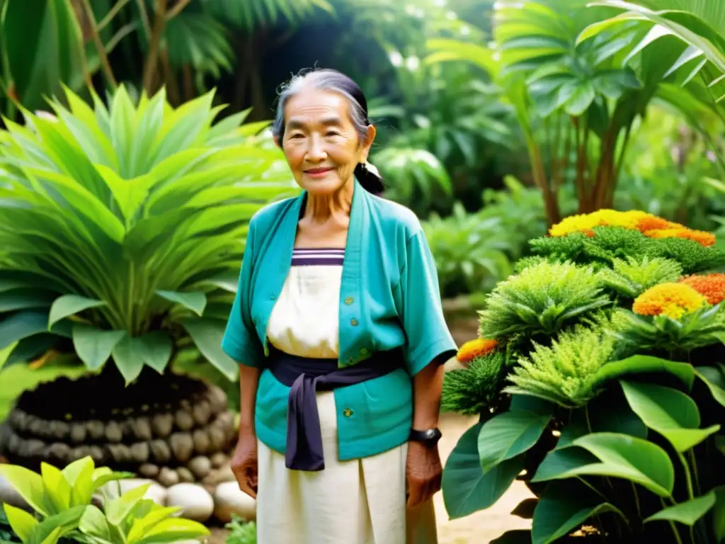 Una anciana okinawense cuida con gracia un exuberante jardín de plantas vibrantes, reflejando la sabiduría de la medicina tradicional okinawense para la longevidad