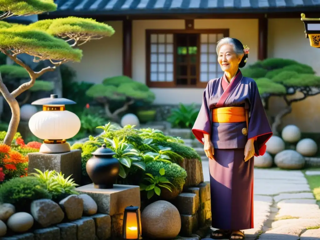 Una anciana okinawense cuida un jardín medicinal lleno de hierbas coloridas, rodeada de estatuas antiguas y una atmósfera serena