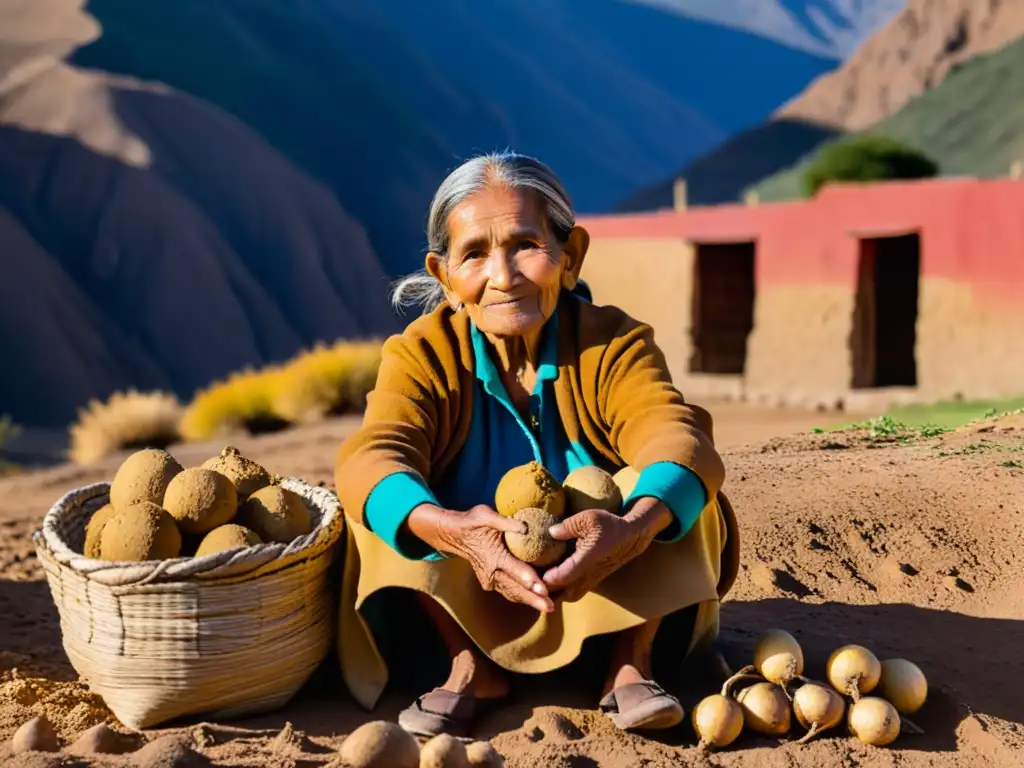 Una anciana peruana sostiene raíces de maca junto a su casa de adobe