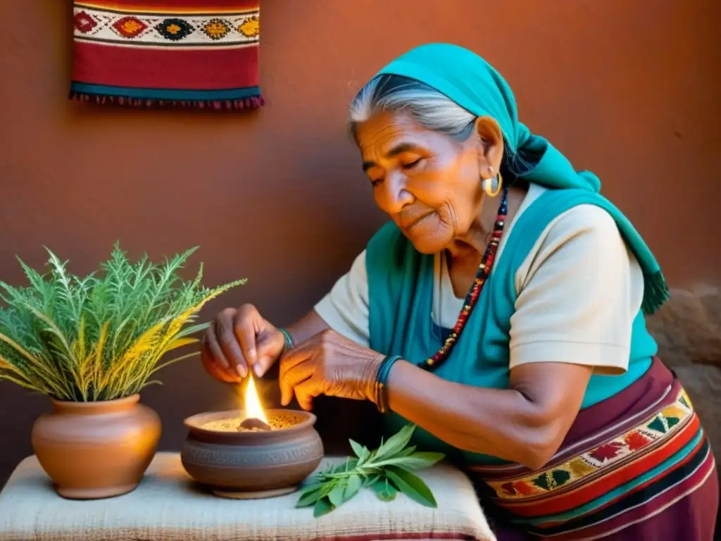 Una anciana quechua soba hierbas medicinales en la espalda de un paciente, iluminada por una lámpara de aceite, evocando la sabiduría de la Medicina tradicional Quechua sobada