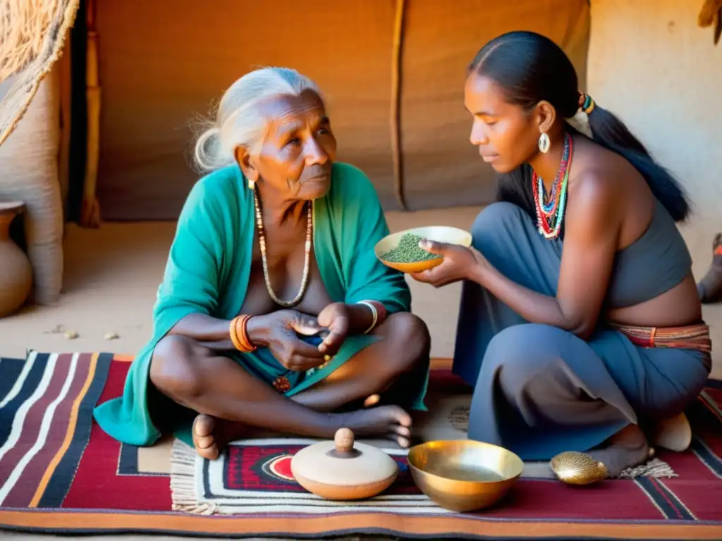 Una anciana sanadora tribal conversa con un joven miembro de la tribu mientras el sol se pone, creando una atmósfera de sabiduría y conexión