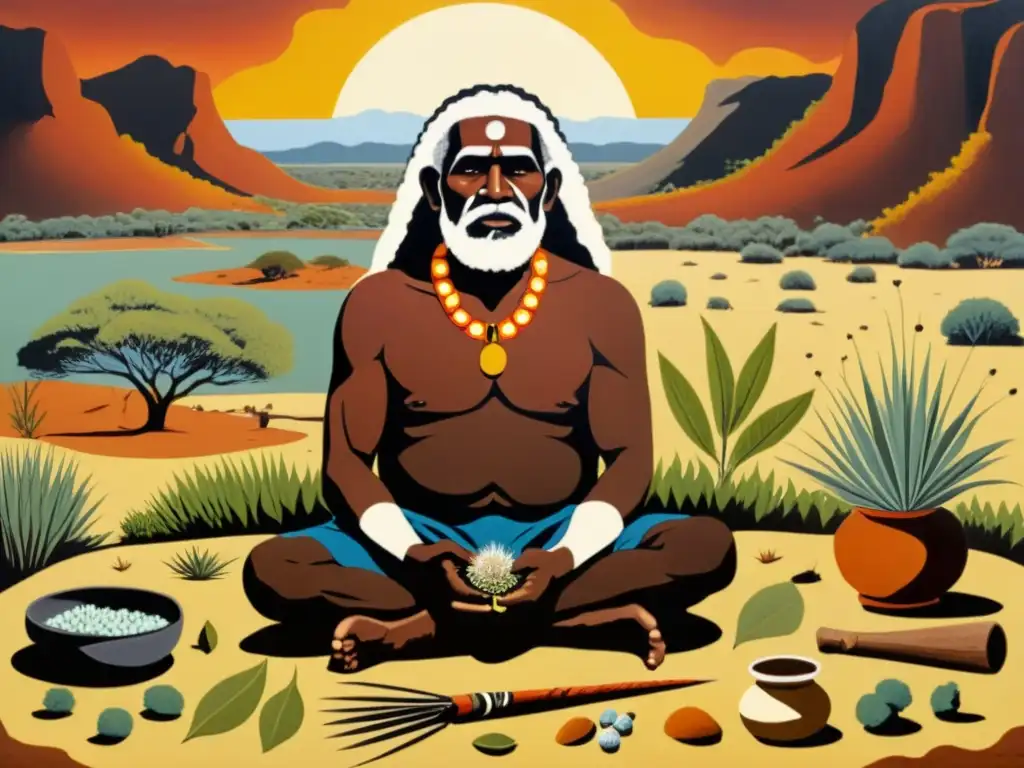 Un anciano aborigen australiano realiza una ceremonia de sanación, rodeado de plantas medicinales y herramientas