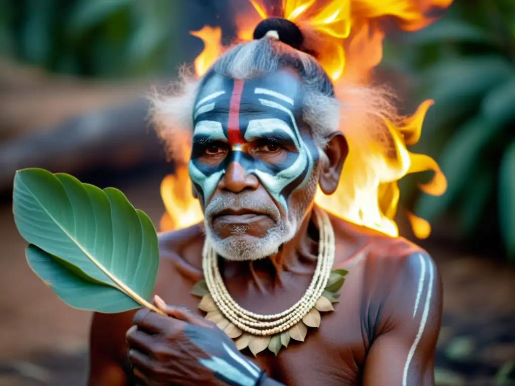 Un anciano aborigen australiano realiza una ceremonia curativa tradicional, conectando con los espíritus ancestrales