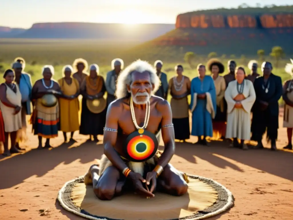 Un anciano aborigen realiza una danza de sanación en el vibrante outback australiano, rodeado por un círculo de espectadores