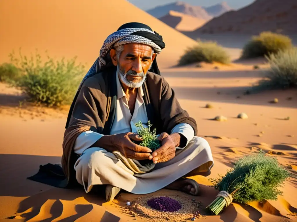 Un anciano beduino elabora hierbas medicinales en el desierto, evocando la sabiduría ancestral de la medicina tradicional beduina