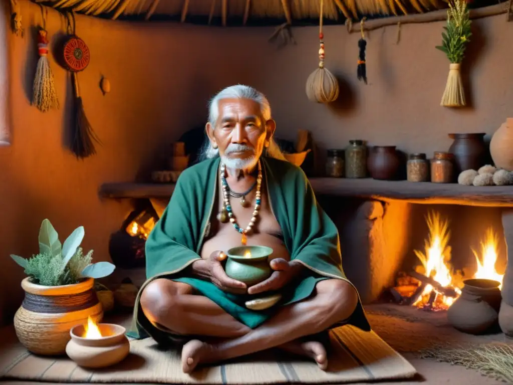 Un anciano chamán en atuendo tradicional indígena, rodeado de hierbas medicinales