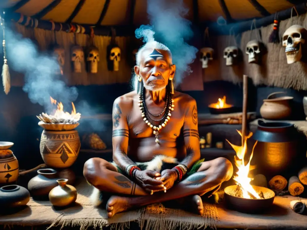 Un anciano chamán realiza una ceremonia sanadora, rodeado de hierbas y artefactos tribales en una choza iluminada por el fuego