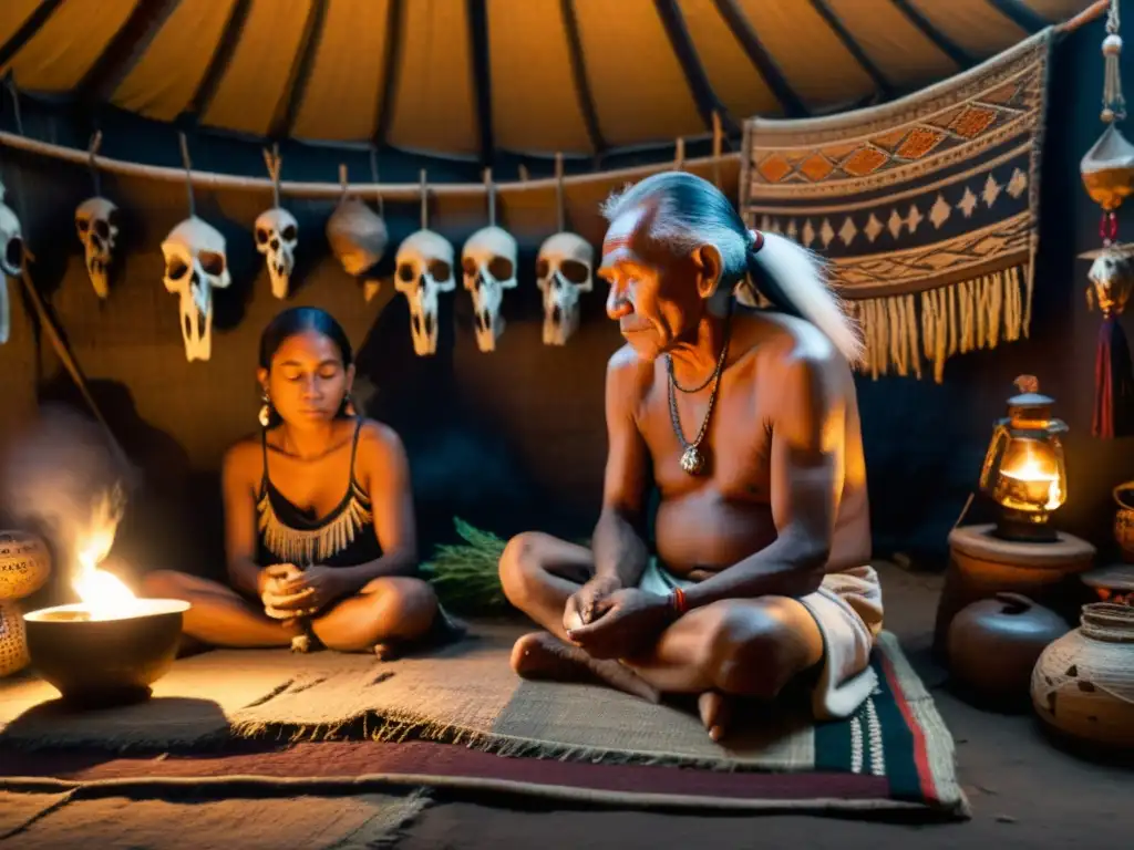 Un anciano chamán de una comunidad indígena tradicional realiza una ceremonia de curación en una cabaña iluminada por velas, rodeado de hierbas secas, cráneos de animales y tapices tejidos a mano