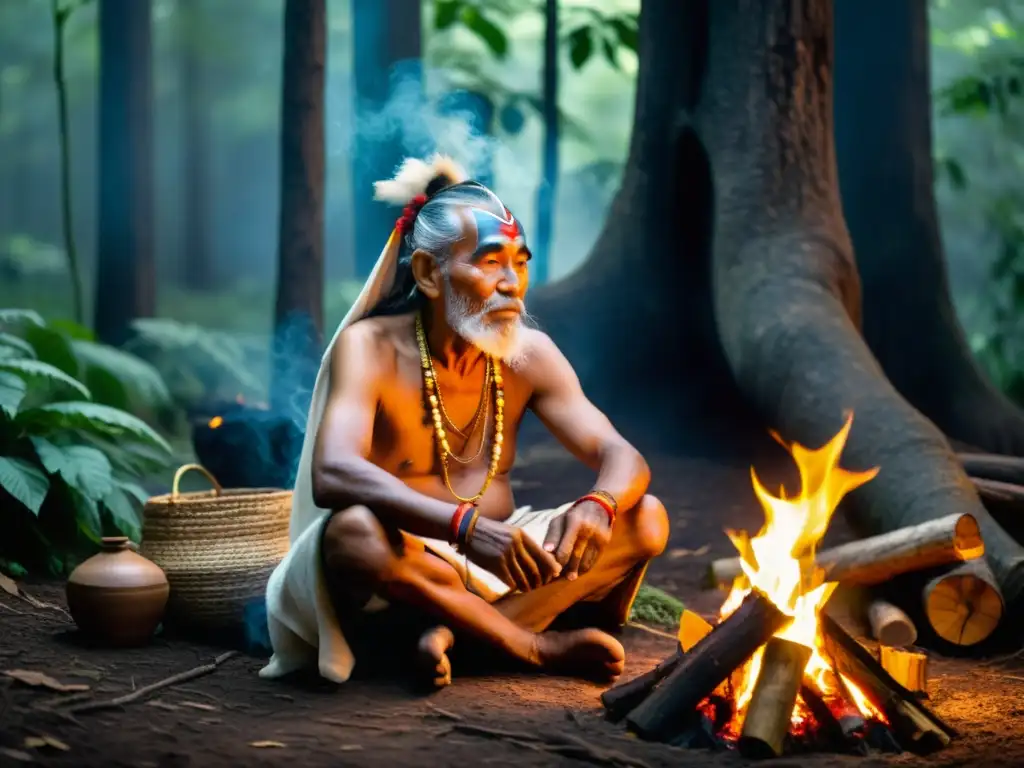 Chamán anciano en el bosque sagrado Un anciano chamán se sienta ante el fuego en un bosque antiguo, con una atmósfera tranquila y espiritual