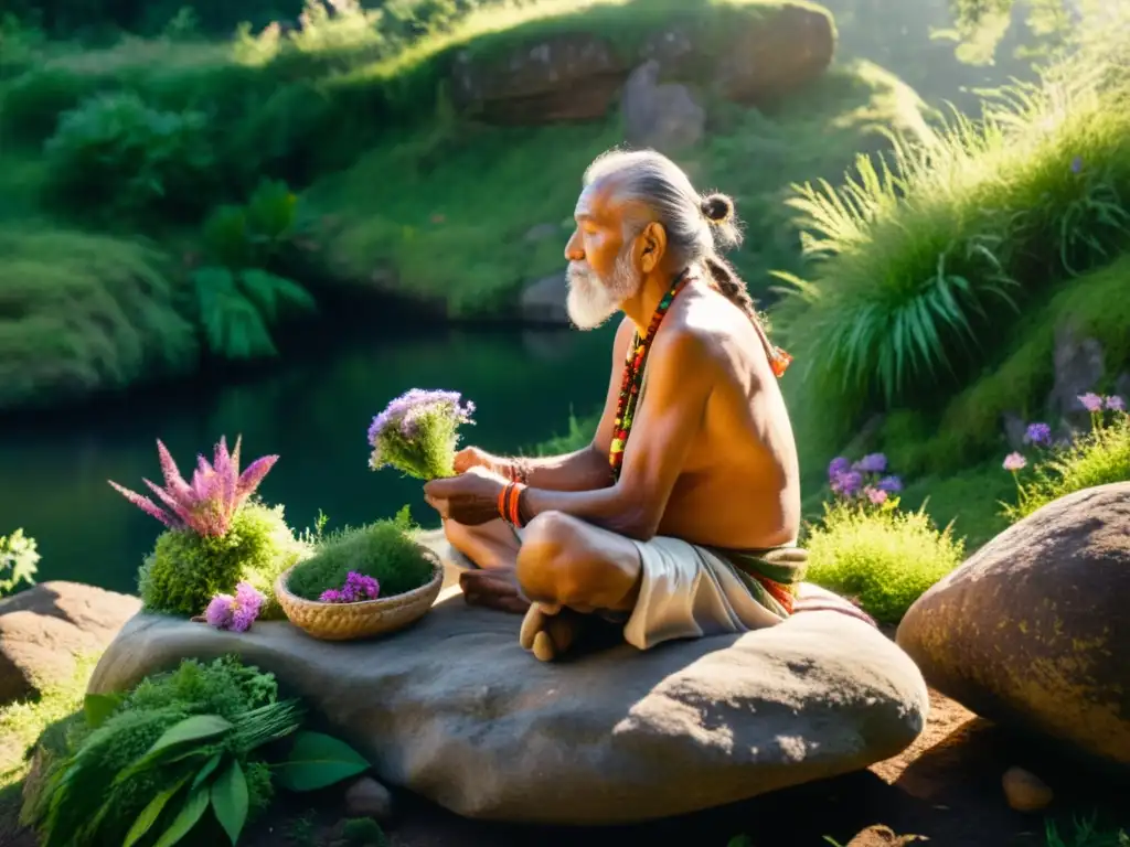Ritual de sanación chamánica en la naturaleza Un anciano chamán realiza un ritual curativo tradicional en el bosque, resaltando la importancia del consentimiento informado en medicina tradicional
