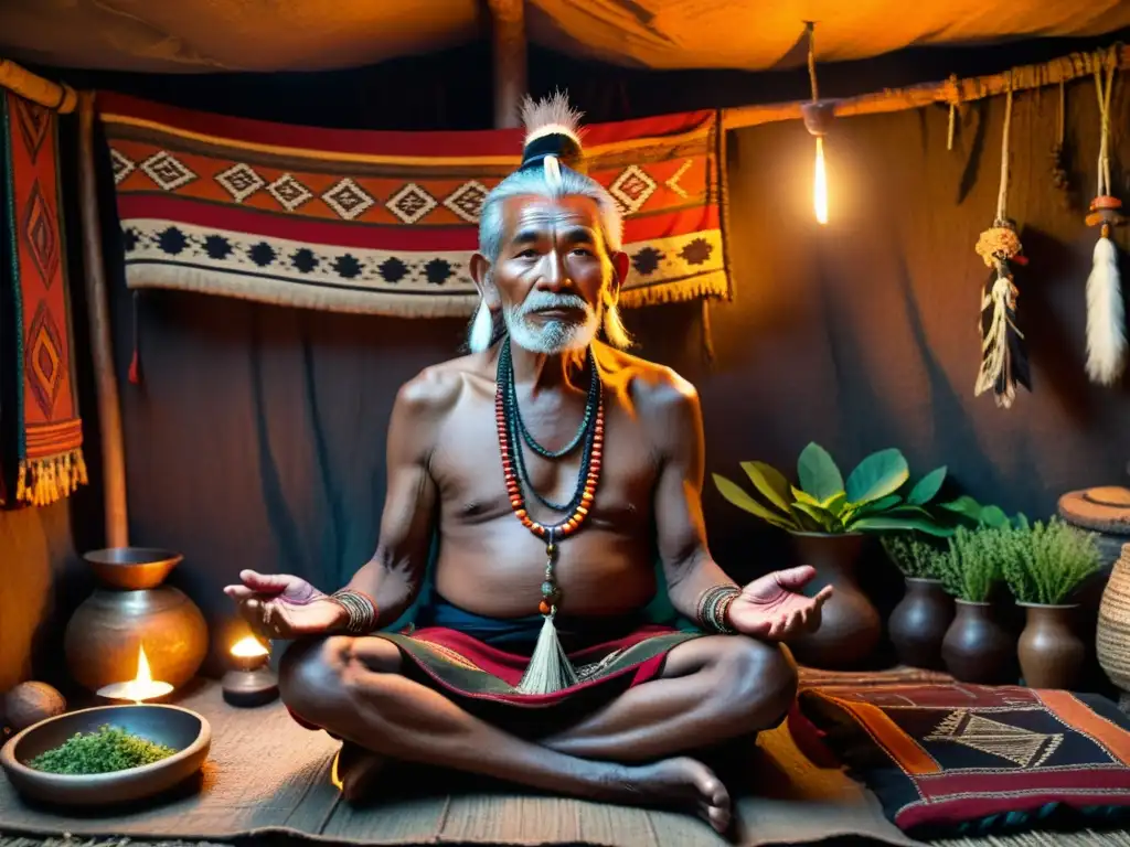 Sanación ancestral: ritual sagrado con chamán sabio Un anciano chamán realiza un ritual de sanación en una choza llena de energía espiritual y medicina tradicional