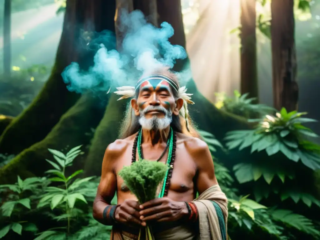 Un anciano chamán realiza un ritual de sanación en un bosque místico, en sintonía con la naturaleza y el efecto cambio climático