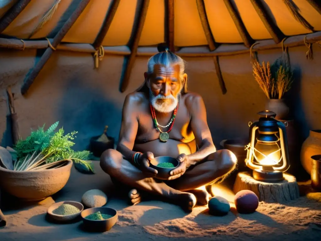 Chamán ancestral preparando hierbas sagradas en la penumbra Un anciano chamán de una tribu indígena tradicional mezcla hierbas en un mortero en una choza iluminada por una tenue luz