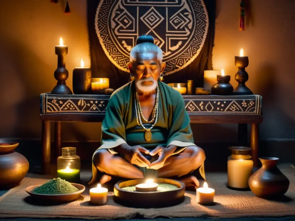 Ritual de sanación: el chamán y la joven en un momento mágico Un anciano chamán transmite conocimientos sagrados de medicina tradicional a una joven en una habitación iluminada por velas