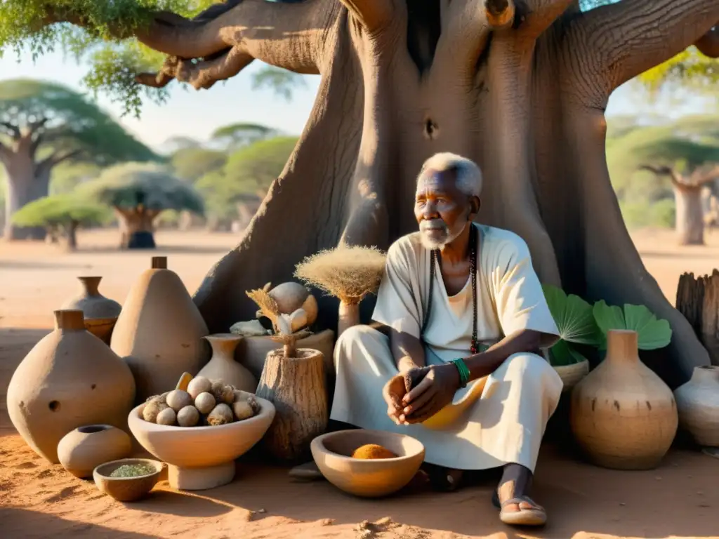 Un anciano curandero africano prepara medicina bajo un baobab, representando las prácticas medicinales tradicionales africanas