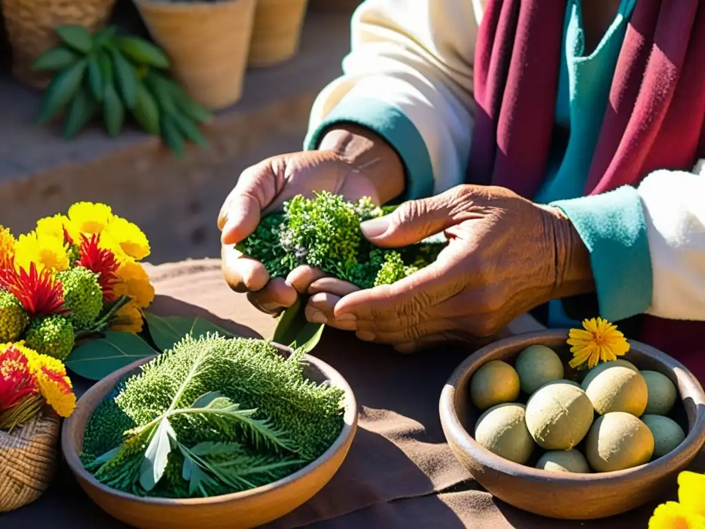 Un anciano curandero andino selecciona hierbas medicinales medicina tradicional con cuidado, resaltando la sabiduría ancestral