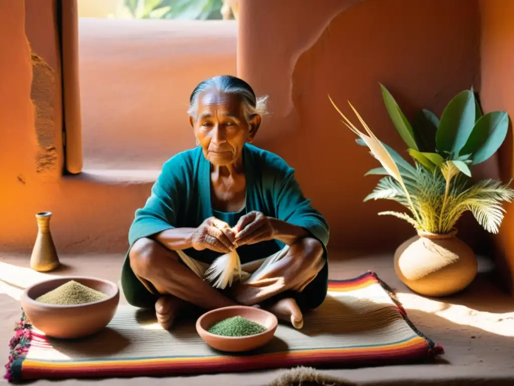 Un anciano curandero mezcla hierbas en una cálida habitación llena de elementos naturales y tradiciones curativas