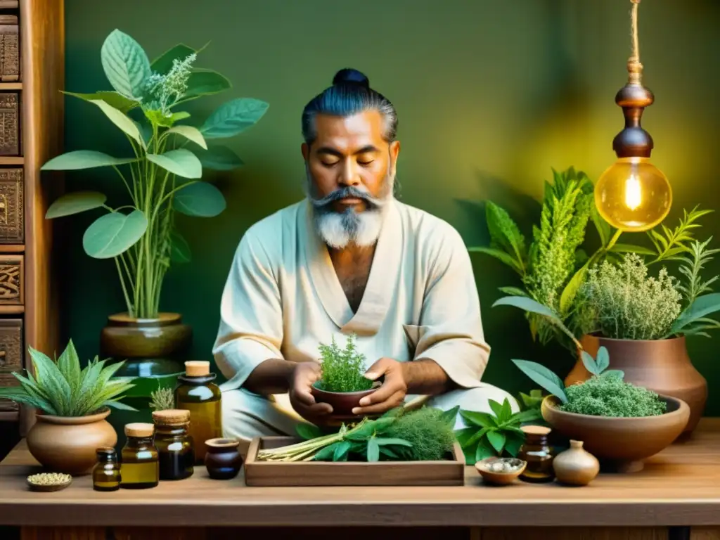 Un anciano curandero prepara remedios naturales rodeado de hierbas en su rústico taller