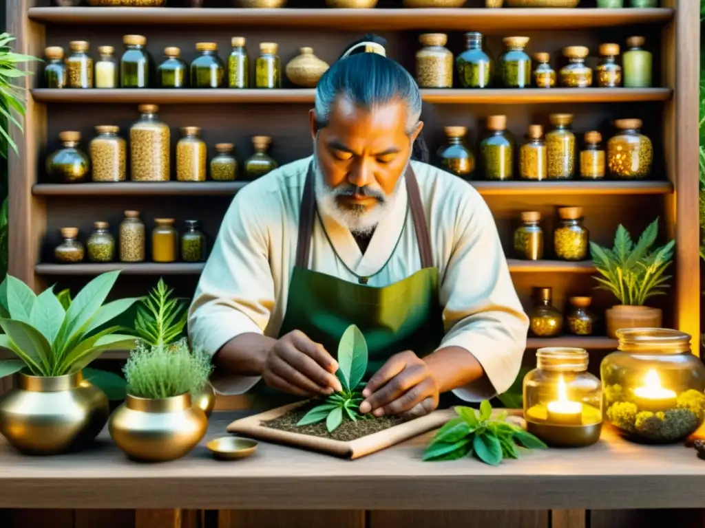 Un anciano curandero rodeado de hierbas y plantas, elaborando una medicina ancestral en un entorno rústico y tenue