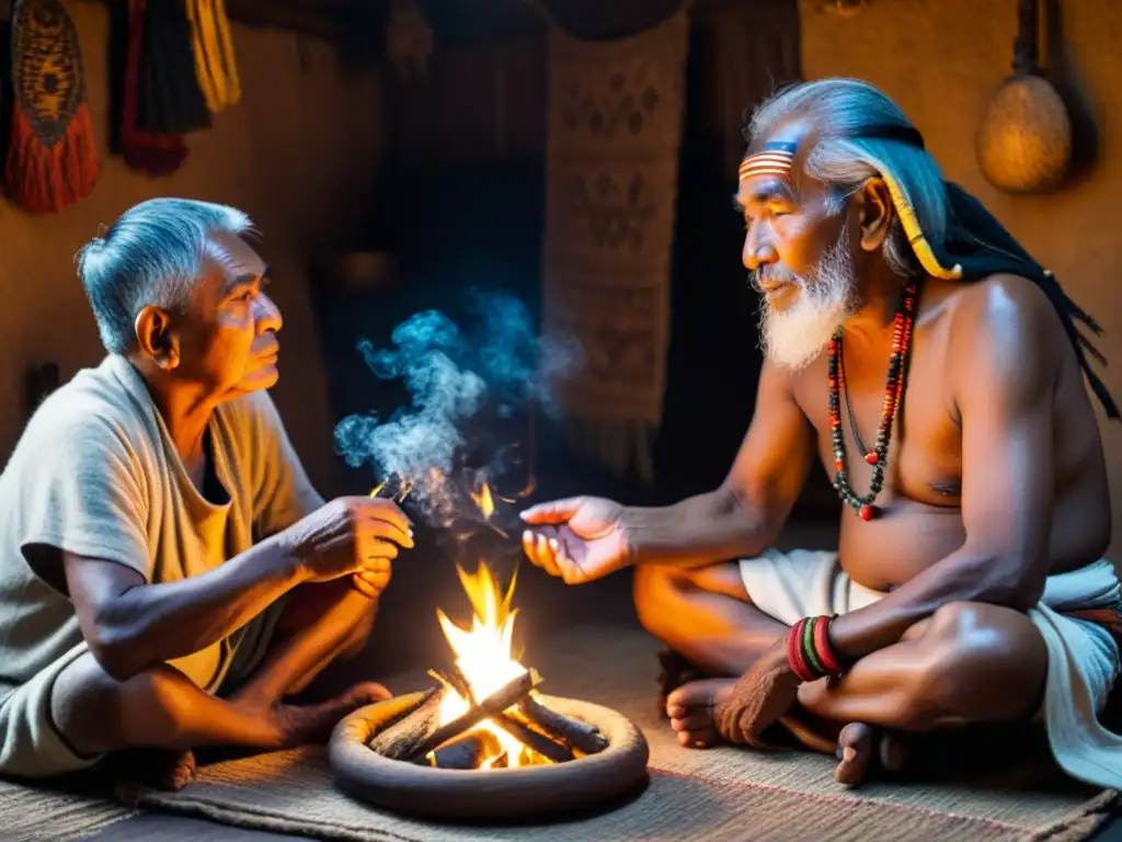 Un anciano chamán enseña consentimiento informado en medicina ancestral a su aprendiz en una habitación llena de hierbas medicinales y artefactos tradicionales, iluminada por el cálido resplandor del fuego