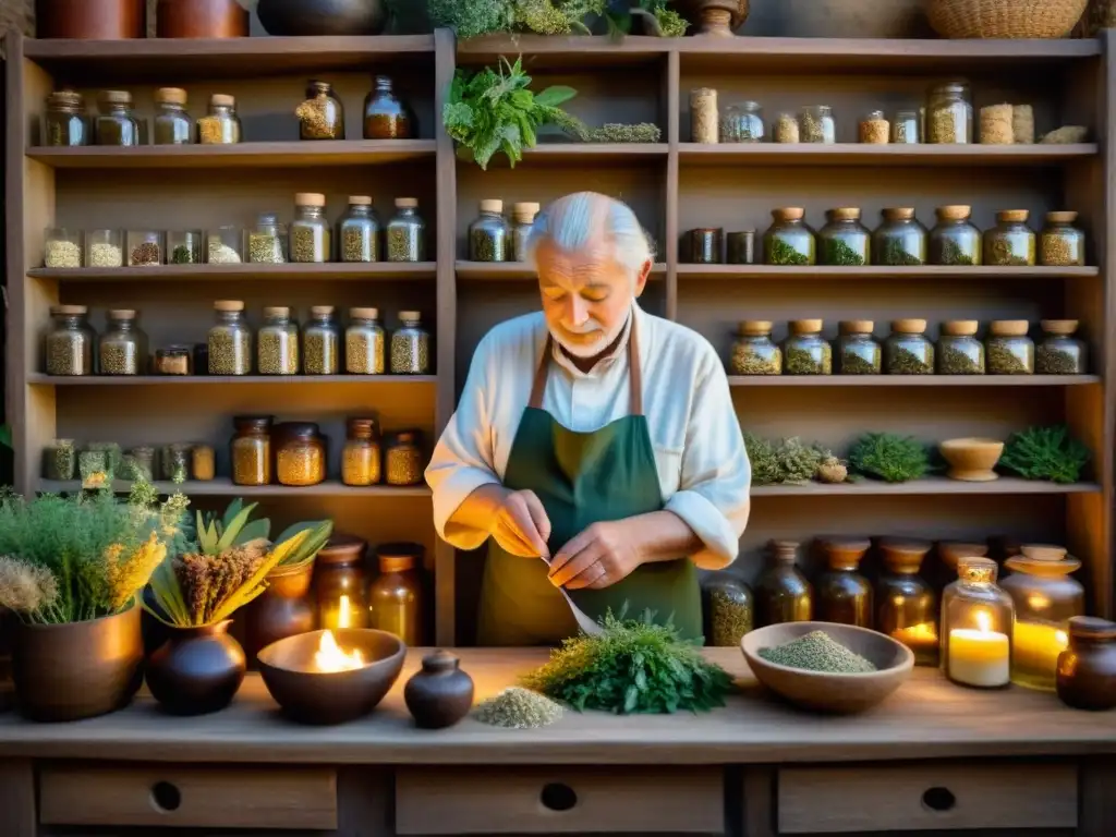 Un anciano herbolario selecciona y prepara hierbas medicinales en un apotecario rústico, iluminado por velas