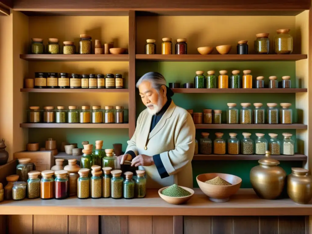 Un anciano herbolario en una tienda de hierbas curativas de Asia tradicionales, iluminada por una cálida luz dorada