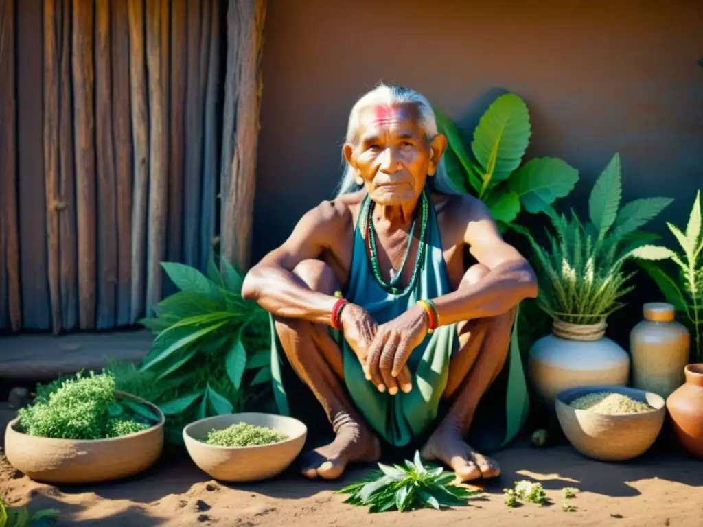 Un anciano indígena preparando medicina tradicional rodeado de hierbas, evocando sabiduría ancestral