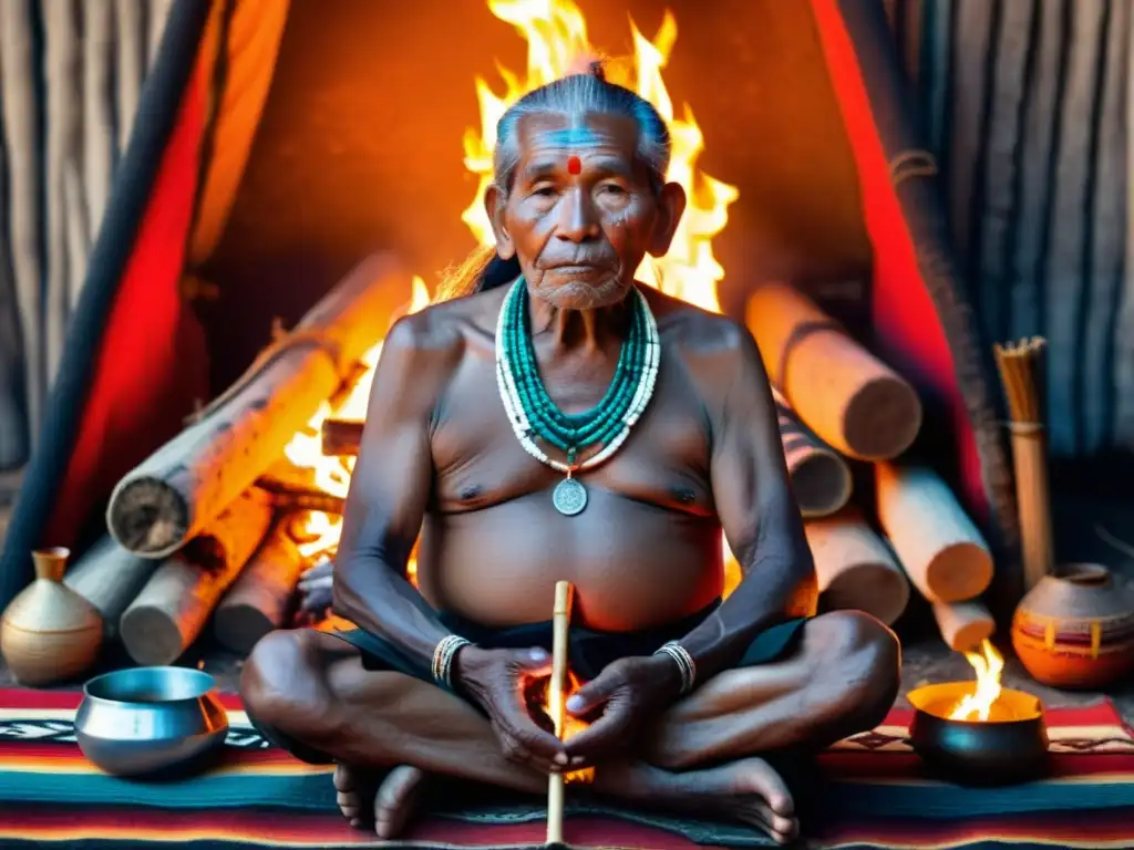 Un anciano chamán indígena realiza un ritual sanador junto al fuego, rodeado de colores y tradición