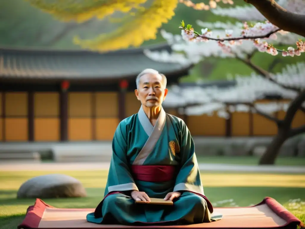 Un anciano maestro de Qi Gong en un jardín tranquilo, rodeado de floridos cerezos y antiguas pagodas, iluminado por la cálida luz del atardecer