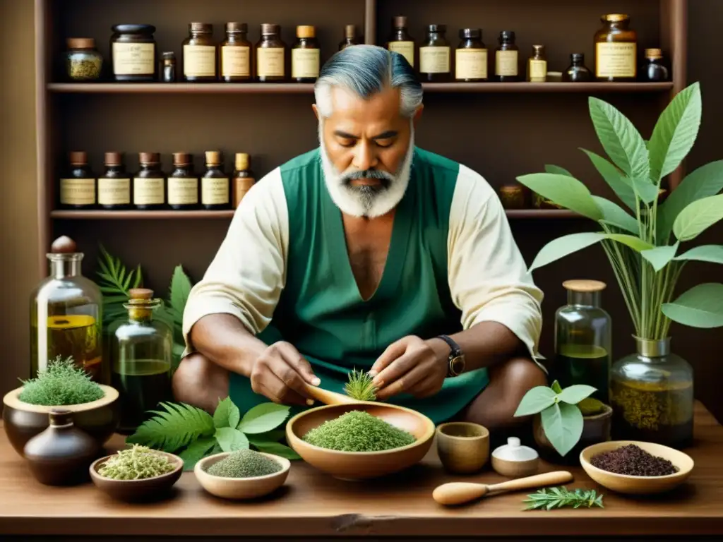 Un anciano medicinero tradicional prepara remedios herbales en una rústica botica, rodeado de plantas