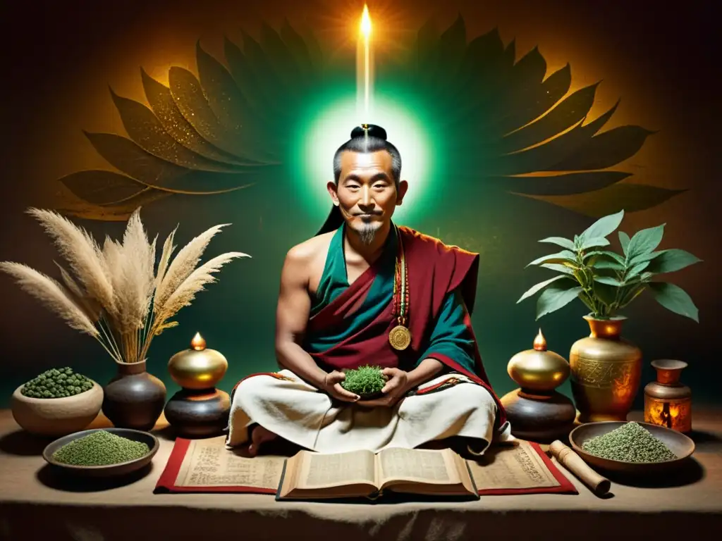 Medicina tibetana: Sabiduría ancestral Un anciano médico tibetano rodeado de hierbas y herramientas tradicionales en una habitación con una atmósfera mística