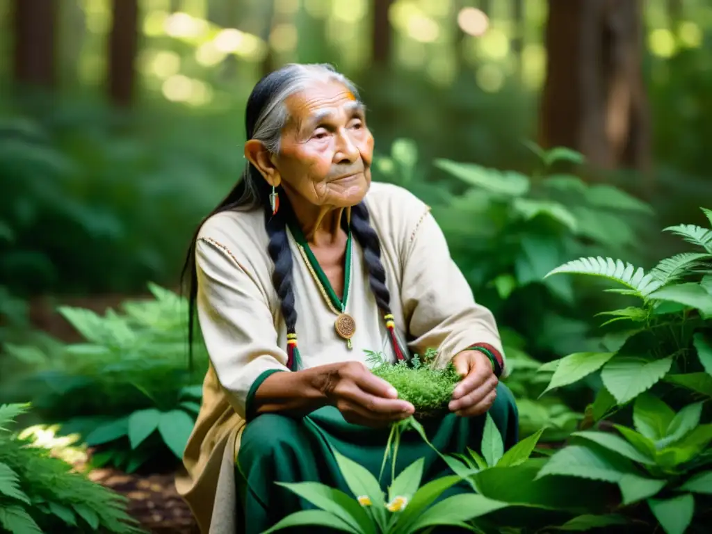 Un anciano nativo americano recoge plantas medicinales en un bosque exuberante, transmitiendo sabiduría ancestral y conexión con la tierra