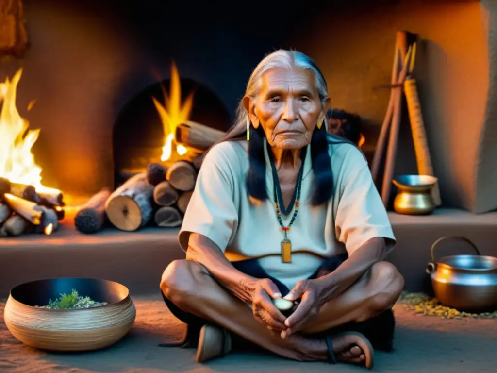 Un anciano nativo preparándose para una ceremonia espiritual junto al fuego y hierbas medicinales