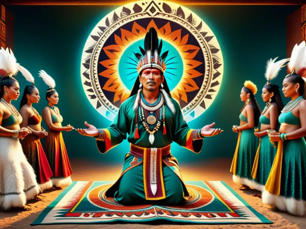 Ritual chamánico: pasaje místico y transformador Un anciano chamán lidera un ritual rodeado de símbolos y colores vibrantes