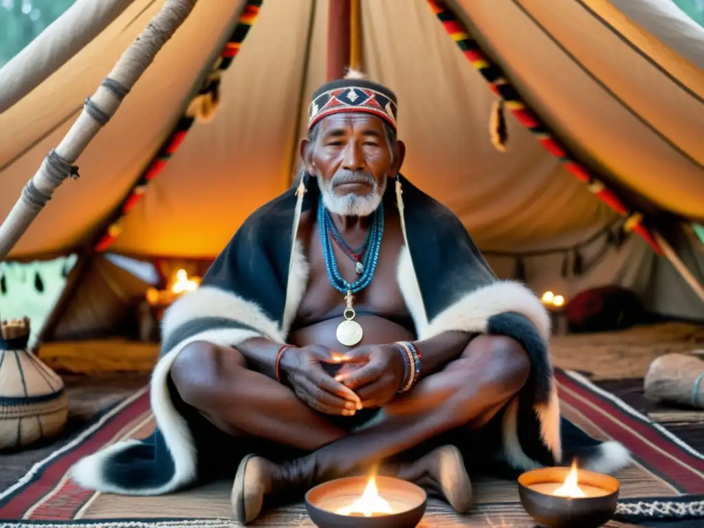 Un anciano chamán sami realiza un ritual sagrado dentro de una tienda lavvu tradicional, rodeado de luz de velas y humo fragante