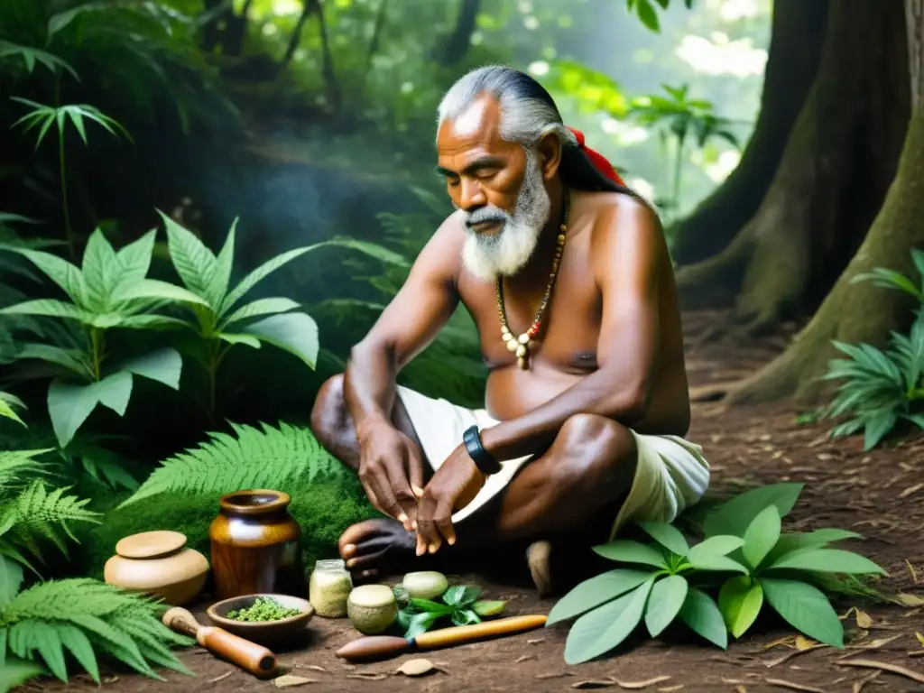 Un anciano y sabio hombre de la medicina en Oceanía, preparando remedios herbales en el bosque