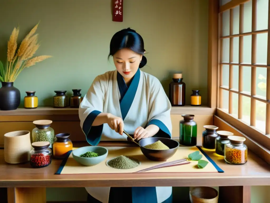 Un anciano sabio prepara medicina tradicional coreana rodeado de ingredientes coloridos en un ambiente sereno y soleado, evocando la rica historia y prácticas de la medicina tradicional coreana