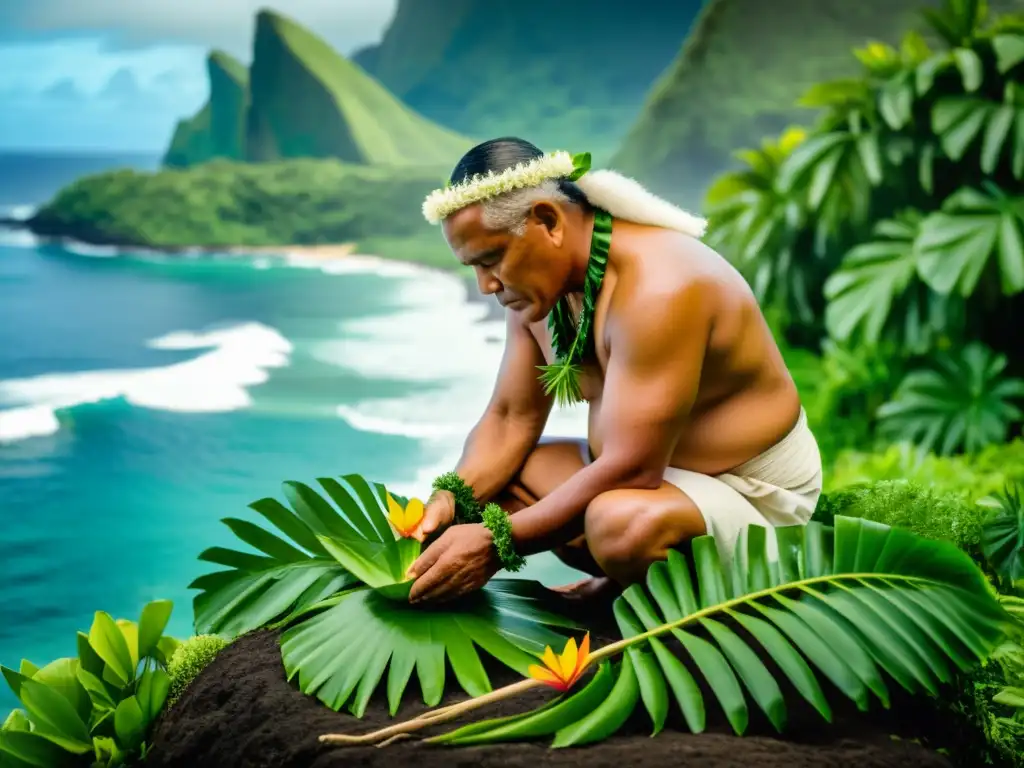 Un anciano samoano realiza un ritual de curación ancestral en medio de exuberante vegetación, con el océano de fondo