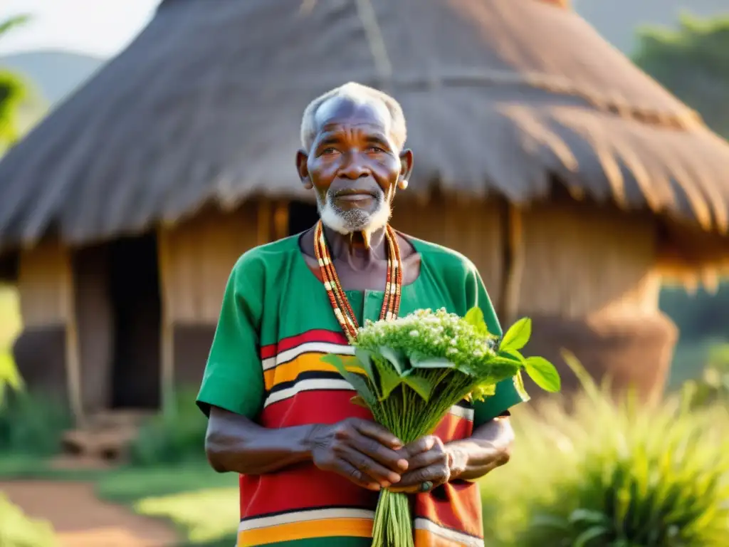 Un anciano sanador africano, ataviado con vestimenta tradicional, sostiene hierbas medicinales frente a una choza de paja